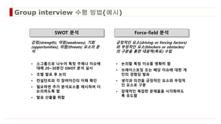 강정(strength), 약점(weakness), 기회
(opportunities), 위협(threats) 요소의 분
석
• 소그룹으로 나누어 특정 주제나 이슈에
대해 20~30분간 SWOT 분석 실시
• 조별 발표 후 논의
• 컨설턴트와 각 참여자간의 이해 확인
• 필요하면 추가 분석요소를 제시하여 더
논의하도록 함
• 발표 산출물 취합
SWOT 분석
긍정적인 요소(driving or forcing factors)
와 부정적인 요소(blockers or obstacles)
의 구분을 통한 대응책(목표) 수립
• 논의할 특정 이슈를 명확히 함
• 브레이스토밍 또는 해당 이슈에 대한 개
인의 경험담 발표
• 생각과 의견을 긍정적인 요소와 부정적
인 요소로 구분
• 잠재적인 복잡한 문제들을 시각화하도
록 유도함
Force-field 분석
Group interview 수행 방법(예시)
 