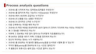 • 프로세스를 시작하게 하는 입력정보/입력물은 무엇인가?
• 프로세스를 움직이게 하는 기능이나 사건(event)는 무엇인가?
• 프로세스에서 (내/외부) 공급자는 누구인가?
• 프로세스의 산출물 또는 상품은 무엇인가?
• 프로세스의 궁극적인 고객은 누구인가?
• 다음 단계에서는 무엇을 해야 하는가?
• 프로세스의 특정 부분을 완성하려면 OO가 일어나기 전까지 기다려야 하는 이유는 무엇인가?
• 왜 그 정보를 기록하려고 하는가?
• 이후에 그 정보에는 어떤 일이 일어나는가?(어떻게 가공/활용되는가?)
• 왜 OO라는 결정을 내리기 위해 그것들을 참조하려 하는가?
• 당신이 처리하는 정보는 누가 사용하는가?
• 프로세스를 완성하는 데 필요한 활동(activity)들을 순서대로 나열해 줄 수 있는가?
• 각각의 활동(activity)를 완료하는데 드는 시간은 얼마인가?
• 각 활동간의 유휴시간(=쓸데 없는 시간)은 얼마나 되는가?
Process analysis questions
 