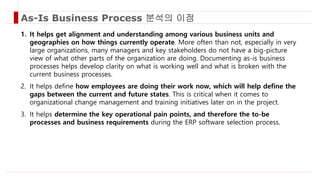 As-Is Business Process 분석의 이점
1. It helps get alignment and understanding among various business units and
geographies on how things currently operate. More often than not, especially in very
large organizations, many managers and key stakeholders do not have a big-picture
view of what other parts of the organization are doing. Documenting as-is business
processes helps develop clarity on what is working well and what is broken with the
current business processes.
2. It helps define how employees are doing their work now, which will help define the
gaps between the current and future states. This is critical when it comes to
organizational change management and training initiatives later on in the project.
3. It helps determine the key operational pain points, and therefore the to-be
processes and business requirements during the ERP software selection process.
 
