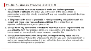 To-Be Business Process 설계의 이점
1. It helps you define your future operational model and business processes
independent of software. This allows you to think out of the box and look for
opportunities to score big wins by leveraging IT as a tool to enable measurable business
improvements.
2. In conjunction with the as-is processes, it helps you identify the gaps between the
current and future jobs, roles, and responsibilities. This is critical from an
organizational change management perspective.
3. It helps define key performance indicators to help drive business improvements and
accountability. With new processes come new responsibilities and opportunities for
improvement, so you need performance measures to enable this.
4. It helps prioritize customization, integration, and report-writing needs after the
software is selected. Without this understanding of where you want your organization to
go from an operational perspective, it is very difficult to determine where customization
and additional development is appropriate.
 