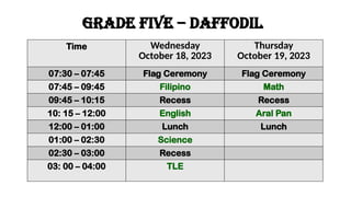 GRADE Five – daffodil
Time Wednesday
October 18, 2023
Thursday
October 19, 2023
07:30 – 07:45 Flag Ceremony Flag Ceremony
07:45 – 09:45 Filipino Math
09:45 – 10:15 Recess Recess
10: 15 – 12:00 English Aral Pan
12:00 – 01:00 Lunch Lunch
01:00 – 02:30 Science
02:30 – 03:00 Recess
03: 00 – 04:00 TLE
 