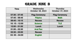GRADE nine b
Time Wednesday
October 18, 2023
Thursday
October 19, 2023
07:30 – 07:45 Flag Ceremony Flag Ceremony
07:45 – 09:45 Filipino Math
09:45 – 10:15 Recess Recess
10: 15 – 12:00 Science TLE
12:00 – 01:00 Lunch Lunch
01:00 – 02:30 Aral Pan
02:30 – 03:00 Recess
03: 00 – 04:00 English
 
