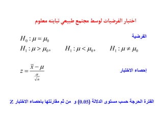 ‫معلوم‬‫تبأينه‬‫طبيعي‬‫مجتمع‬‫لوسط‬‫الفرضيأت‬‫اختبأر‬
0
1
0
1
0
1
0
0
:
,
:
,
:
:












H
H
H
H
n
x
z 



‫الفرضية‬
‫االختبار‬ ‫إحصاء‬
‫الداللة‬ ‫مستوى‬ ‫حسب‬ ‫الحرجة‬ ‫الفترة‬
(
0.05
)
‫االختبار‬ ‫باحصاء‬ ‫مقارنتها‬ ‫ثم‬ ‫من‬ ‫و‬
Z
 