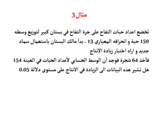 ‫مثأل‬
3
‫كبي‬‫بستأن‬‫في‬‫التفأح‬ ‫جرة‬‫على‬‫التفأح‬‫حبأت‬‫اعداد‬‫تخضع‬
‫وسطه‬‫يع‬‫ز‬‫لتو‬ ‫ر‬
150
‫ي‬‫المعيأر‬ ‫افه‬‫ر‬‫انح‬‫و‬‫حبة‬
13
‫سمأد‬‫بأستعمأل‬‫البستأن‬‫مألك‬ ‫بدا‬،
‫النتأج‬‫يأدة‬‫ز‬‫اختبأر‬‫اد‬‫ر‬‫ا‬‫و‬ ‫جديد‬
‫خذ‬‫فأ‬
64
‫العي‬‫في‬‫الحبأت‬‫عداد‬‫ل‬ ‫الحسأبي‬‫الوسط‬‫ن‬‫ا‬‫فوجد‬ ‫شجرة‬
‫نة‬
154
‫د‬‫مستوى‬ ‫على‬‫النتأج‬‫في‬ ‫يأدة‬‫ز‬‫ال‬‫الى‬‫البيأنأت‬ ‫هذه‬‫تشير‬‫هل‬
‫للة‬
0.05
 