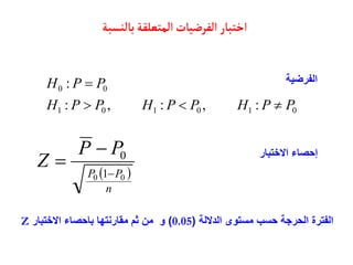 ‫بألنسبة‬‫المتعلقة‬‫الفرضيأت‬‫اختبأر‬
0
1
0
1
0
1
0
0
:
,
:
,
:
:
P
P
H
P
P
H
P
P
H
P
P
H




 
n
P
P
P
P
Z
0
0 1
0



‫الفرضية‬
‫االختبار‬ ‫إحصاء‬
‫الداللة‬ ‫مستوى‬ ‫حسب‬ ‫الحرجة‬ ‫الفترة‬
(
0.05
)
‫االختبار‬ ‫باحصاء‬ ‫مقارنتها‬ ‫ثم‬ ‫من‬ ‫و‬
Z
 