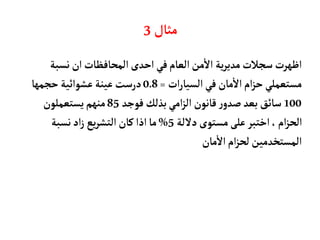 ‫مثأل‬
3
‫نسب‬‫ان‬‫المحأفظأت‬‫احدى‬‫في‬‫العأم‬‫من‬‫ال‬ ‫ية‬‫ر‬‫مدي‬‫سجالت‬‫اظهرت‬
‫ة‬
‫ات‬‫ر‬‫السيأ‬‫في‬‫مأن‬‫ال‬‫ام‬‫ز‬‫ح‬‫مستعملي‬
=
0.8
‫حجمهأ‬ ‫عشوائية‬‫عينة‬‫درست‬
100
‫فوجد‬ ‫بذلك‬‫امي‬‫ز‬‫ال‬ ‫قأنون‬‫ر‬‫صدو‬ ‫بعد‬‫سأئق‬
85
‫يستعملون‬‫منهم‬
‫دللة‬‫مستوى‬ ‫على‬‫اختبر‬،‫ام‬‫ز‬‫الح‬
5
%
‫نسبة‬‫اد‬‫ز‬ ‫يع‬‫ر‬‫التش‬‫كأن‬‫اذا‬‫مأ‬
‫مأن‬‫ال‬‫ام‬‫ز‬‫لح‬‫المستخدمين‬
 