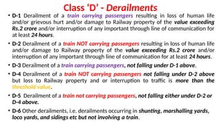 Class ‘D’ - Derailments
• D-1 Derailment of a train carrying passengers resulting in loss of human life
and/or grievous hurt and/or damage to Railway property of the value exceeding
Rs.2 crore and/or interruption of any important through line of communication for
at least 24 hours.
• D-2 Derailment of a train NOT carrying passengers resulting in loss of human life
and/or damage to Railway property of the value exceeding Rs.2 crore and/or
interruption of any important through line of communication for at least 24 hours.
• D-3 Derailment of a train carrying passengers, not falling under D-1 above.
• D-4 Derailment of a train NOT carrying passengers not falling under D-2 above
but loss to Railway property and or interruption to traffic is more than the
threshold value.
• D-5 Derailment of a train not carrying passengers, not falling either under D-2 or
D-4 above.
• D-6 Other derailments, i.e. derailments occurring in shunting, marshalling yards,
loco yards, and sidings etc but not involving a train.
 