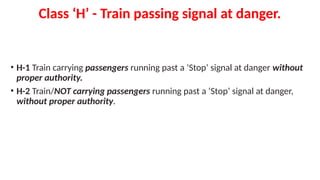 Class ‘H’ - Train passing signal at danger.
• H-1 Train carrying passengers running past a ‘Stop’ signal at danger without
proper authority.
• H-2 Train/NOT carrying passengers running past a ‘Stop’ signal at danger,
without proper authority.
 