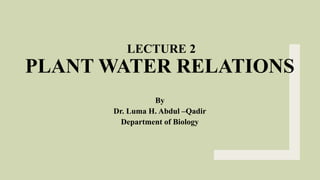 LECTURE 2
PLANT WATER RELATIONS
By
Dr. Luma H. Abdul –Qadir
Department of Biology
 