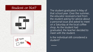 The student graduated in May of
that school year. Over the summer,
the educator received a text from
the student asking for advice about
a personal issue and asked to meet
on a Saturday at the local coffee
shop. As the student had
graduated, the teacher decided to
meet with the student.
Is the individual still considered a
student?
Student or Not?
 