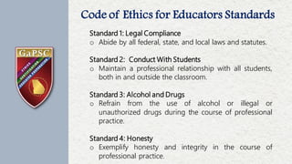 Code of Ethics for Educators Standards
18
Number of
Complaints
Filed Each
Month
Standard 1: Legal Compliance
o Abide by all federal, state, and local laws and statutes.
Standard 2: Conduct With Students
o Maintain a professional relationship with all students,
both in and outside the classroom.
Standard 3: Alcohol and Drugs
o Refrain from the use of alcohol or illegal or
unauthorized drugs during the course of professional
practice.
Standard 4: Honesty
o Exemplify honesty and integrity in the course of
professional practice.
 