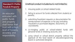 Unethical conduct includes but is not limited to, falsifying,misrepresenting,or omitting:
An educator
entrusted with
public funds
and property
shall honor that
trust with a high
level of honesty,
accuracy, and
responsibility.
1. misusing public or school-related funds;
2. failing to account for funds collected from students or
parents;
3. submitting fraudulent requests or documentation for
reimbursement of expenses or for pay (including
fraudulent or purchased degrees, documents, or
coursework);
4. co-mingling public or school-related funds with
personal funds or checking accounts; and
5. using school or school district property without the
approval of the local board of education/governing
board or authorized designee.
Unethical conduct includes but is not limited to:
Standard 5: Public
Funds & Property
 