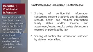 1. Sharing of confidential information
concerning student academic and disciplinary
records, health and medical information,
family status and/or income, and
assessment/testing results unless disclosure is
required or permitted by law;
2. Sharing of confidential information restricted
by state or federal law;
An educator shall
comply with state
and federal laws and
state school board
policies relating to
the confidentiality of
student and
personnel records,
standardized test
material and other
information.
Unethical conduct includes but is not limited to:
Standard 7:
Confidential
Information
 