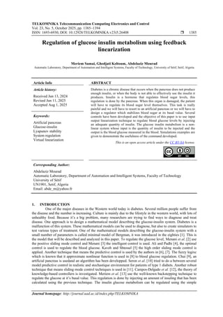 Regulation of glucose insulin metabolism using feedback linearization | PDF