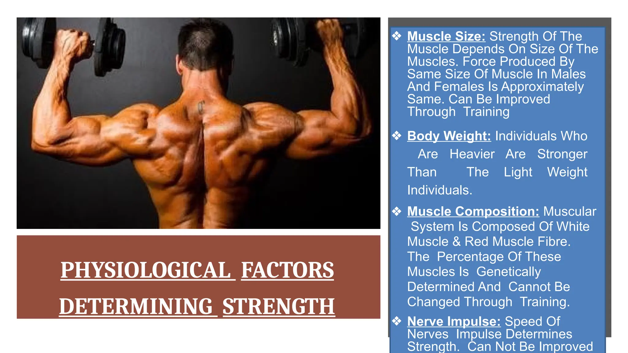 PHYSIOLOGICAL FACTORS
DETERMINING STRENGTH
❖ Muscle Size: Strength Of The
Muscle Depends On Size Of The
Muscles. Force Produced By
Same Size Of Muscle In Males
And Females Is Approximately
Same. Can Be Improved
Through Training
❖ Body Weight: Individuals Who
Are Heavier Are Stronger
Than The Light Weight
Individuals.
❖ Muscle Composition: Muscular
System Is Composed Of White
Muscle & Red Muscle Fibre.
The Percentage Of These
Muscles Is Genetically
Determined And Cannot Be
Changed Through Training.
❖ Nerve Impulse: Speed Of
Nerves Impulse Determines
Strength. Can Not Be Improved
 