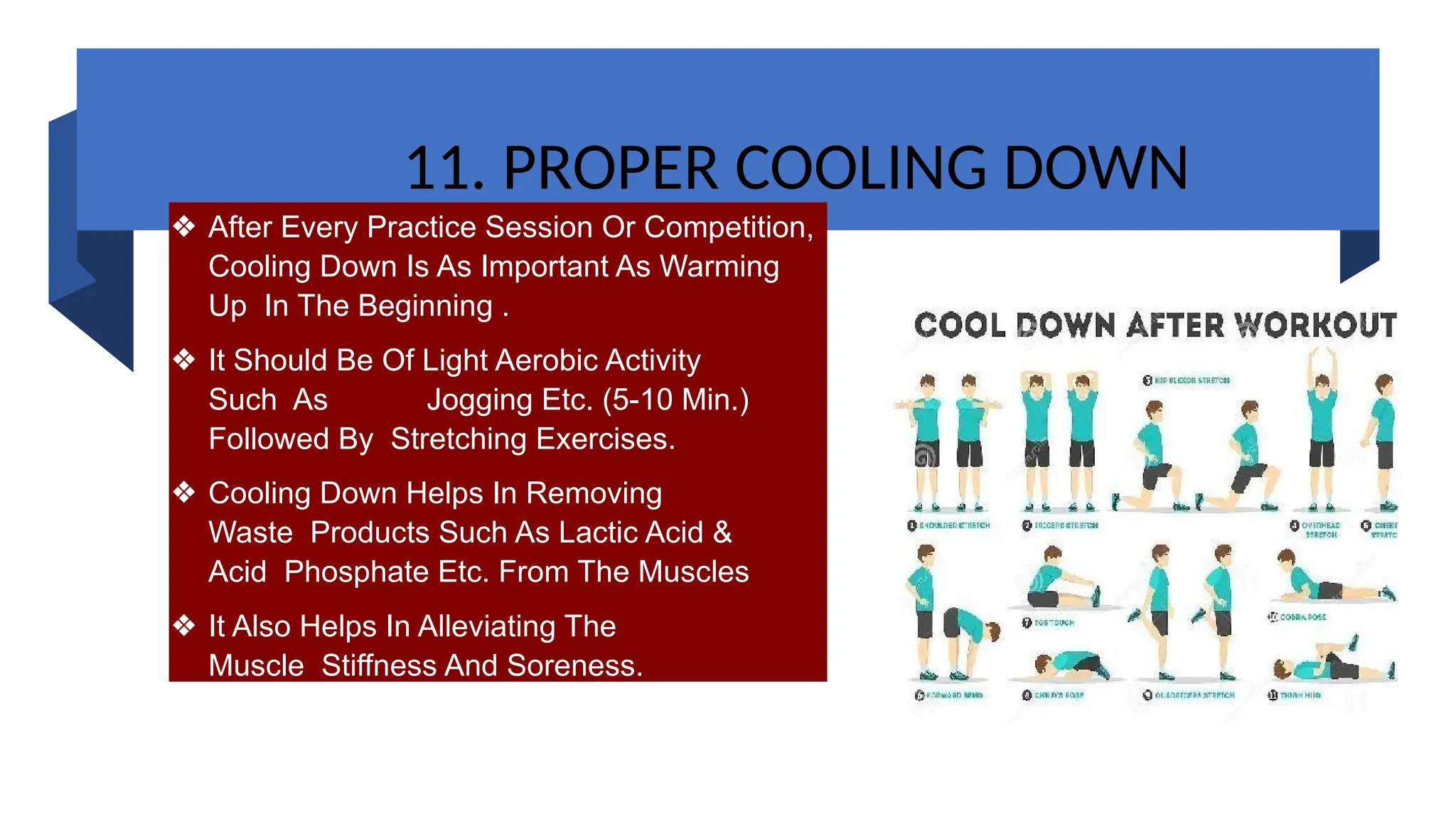 11. PROPER COOLING DOWN
❖ After Every Practice Session Or Competition,
Cooling Down Is As Important As Warming
Up In The Beginning .
❖ It Should Be Of Light Aerobic Activity
Such As Jogging Etc. (5-10 Min.)
Followed By Stretching Exercises.
❖ Cooling Down Helps In Removing
Waste Products Such As Lactic Acid &
Acid Phosphate Etc. From The Muscles
❖ It Also Helps In Alleviating The
Muscle Stiffness And Soreness.
 