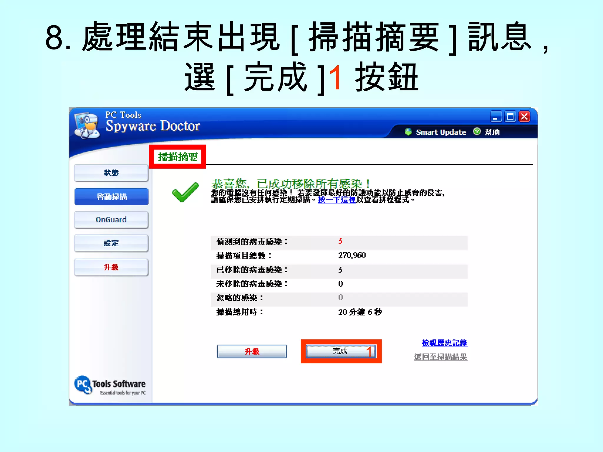 8. 處理結束出現 [ 掃描摘要 ] 訊息 , 選 [ 完成 ] 1 按鈕 1 