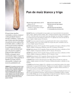 MAÍZ | LA MASA MADRE 
35 
Pan de maíz blanco y trigo 
El maíz tiene muchas 
variedades y colores, desde el 
violeta profundo hasta el 
dorado y el blanco. A pesar de 
que el maíz más claro produce 
una polenta menos apetecible, 
no le falta sabor y confiere a la 
corteza una textura crujiente. 
La combinación de masa 
madre y suero de leche hace 
que este pan leve rápido y 
tenga un sabor delicioso. 
Puedes conseguir suero 
escurriendo yogur o requesón 
con una gasa o bien guardar el 
líquido en el que viene la 
mozzarella (y reducir a un 
tercio la cantidad de sal). 
CONSEJO Si no puedes encontrar maíz 
blanco, valdrá de cualquier otro color. 
Prueba a hacer requesón añadiendo 
un poco de cuajo natural o vegetal a 
leche templada, deja que repose 
1 hora y escúrrelo en una gasa toda la 
noche. Añade un poco de sal, mézclalo 
con hierbas frescas y guárdalo en un 
bote de loza. Sírvelo como si fuera 
queso cremoso. 
230 g de masa madre blanca a 20 °C 
(páginas 25-27) 
325 ml de suero de leche (o yogur 
rebajado con agua hasta conseguir 
la cantidad) a 20 °C 
300 g de harina italiana «00» 
100 g de harina de trigo integral 
de fuerza 
100 g de harina de maíz blanco 
1 1⁄2 cucharadita de sal marina fina 
8.00 AM Mezcla en un bol grande la masa madre con el suero de leche (o la mezcla de 
agua y yogur). Añade la harina italiana «00», la harina integral de trigo, la harina de maíz 
y la sal, y mézclalo todo con las manos hasta que obtengas una masa ligera y pegajosa. 
La temperatura de la masa debería rondar los 21 °C. Quítate los restos de masa de las 
manos, tápalo y déjalo reposar 10 minutos. 
8.10 AM Unta con un poco de aceite una pequeña parte de la mesa y amasa durante 
10-15 segundos. Lava y seca el bol, úntalo con un poco de aceite, introduce otra vez 
la masa y déjalo reposar 10 minutos. 
8.20 AM Amasa durante 10-15 segundos. Forma una bola con la masa y colócala en el bol. 
Tápalo y déjalo a temperatura ambiente (unos 20 °C) durante 10 minutos. 
8.30 AM Amasa durante 10-15 segundos. Forma una bola con la masa y colócala en el bol. 
Tápalo y déjalo a temperatura ambiente (20 °C) durante 30 minutos. 
9.00 AM Amasa durante 10-15 segundos. Forma una bola con la masa y colócala en el bol. 
Tápalo y déjalo a temperatura ambiente (20 °C) durante 1 hora. 
10.00 AM Amasa durante 10-15 segundos. Forma una bola con la masa y colócala en el bol. 
Tápalo y déjalo a temperatura ambiente (20 °C) durante 1 hora. 
11.00 AM Divide la masa en dos piezas de unos 500 g. Forma una bola con cada una, 
tápalas y déjalas reposar en la mesa 15 minutos. Enharina dos paños y colócalos en una 
bandeja. 
11.15 AM Forma dos barras (página 21) y colócalas con la unión hacia arriba en los trapos 
enharinados (o cestos de fermentación). Tápalos con otro paño y déjalos a temperatura 
ambiente (unos 20 °C) hasta que casi hayan doblado su volumen. Presta atención, ya 
que el suero acelera la velocidad de fermentación. 
1.30 PM Precalienta el horno a 220 °C. Espolvorea con sémola una bandeja de horno o la 
pala (si usas una piedra de hornear). Vuelca las barras en la bandeja (o pala) y, usando 
una cuchilla afilada, haz un corte longitudinal a lo largo de las barras. Vaporiza con agua, 
y hornea durante 50-60 minutos. Déjalas enfriar sobre una rejilla. 
 
