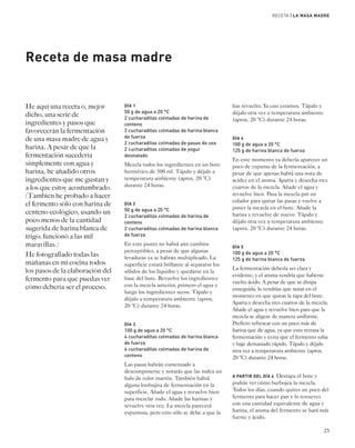 RECETA | LA MASA MADRE 
25 
Receta de masa madre 
DÍA 1 
50 g de agua a 20 °C 
2 cucharaditas colmadas de harina de 
centeno 
2 cucharaditas colmadas de harina blanca 
de fuerza 
2 cucharaditas colmadas de pasas de uva 
2 cucharaditas colmadas de yogur 
desnatado 
Mezcla todos los ingredientes en un bote 
hermético de 500 ml. Tápalo y déjalo a 
temperatura ambiente (aprox. 20 °C) 
durante 24 horas. 
DÍA 2 
50 g de agua a 20 °C 
2 cucharaditas colmadas de harina de 
centeno 
2 cucharaditas colmadas de harina blanca 
de fuerza 
En este punto no habrá aún cambios 
perceptibles, a pesar de que algunas 
levaduras ya se habrán multiplicado. La 
superficie estará brillante al separarse los 
sólidos de los líquidos y quedarse en la 
base del bote. Revuelve los ingredientes 
con la mezcla anterior, primero el agua y 
luego los ingredientes secos. Tápalo y 
déjalo a temperatura ambiente (aprox. 
20 °C) durante 24 horas. 
DÍA 3 
100 g de agua a 20 °C 
4 cucharaditas colmadas de harina blanca 
de fuerza 
4 cucharaditas colmadas de harina de 
centeno 
Las pasas habrán comenzado a 
descomponerse y notarás que las rodea un 
halo de color marrón. También habrá 
alguna burbujita de fermentación en la 
superficie. Añade el agua y revuelve bien 
para mezclar todo. Añade las harinas y 
revuelve otra vez. La mezcla parecerá 
espumosa, pero esto sólo se debe a que la 
has revuelto. Ya casi estamos. Tápalo y 
déjalo otra vez a temperatura ambiente 
(aprox. 20 °C) durante 24 horas. 
DÍA 4 
100 g de agua a 20 °C 
125 g de harina blanca de fuerza 
En este momento ya debería aparecer un 
poco de espuma de la fermentación, a 
pesar de que apenas habrá una nota de 
acidez en el aroma. Aparta y desecha tres 
cuartos de la mezcla. Añade el agua y 
revuelve bien. Pasa la mezcla por un 
colador para quitar las pasas y vuelve a 
poner la mezcla en el bote. Añade la 
harina y revuelve de nuevo. Tápalo y 
déjalo otra vez a temperatura ambiente 
(aprox. 20 °C) durante 24 horas. 
DÍA 5 
100 g de agua a 20 °C 
125 g de harina blanca de fuerza 
La fermentación debería ser clara y 
evidente, y el aroma tendría que haberse 
vuelto ácido. A pesar de que se disipa 
enseguida, lo tendrías que notar en el 
momento en que quitas la tapa del bote. 
Aparta y desecha tres cuartos de la mezcla. 
Añade el agua y revuelve bien para que la 
mezcla se aligere de manera uniforme. 
Prefiero refrescar con un poco más de 
harina que de agua, ya que esto retrasa la 
fermentación y evita que el fermento suba 
y baje demasiado rápido. Tápalo y déjalo 
otra vez a temperatura ambiente (aprox. 
20 °C) durante 24 horas. 
A PARTIR DEL DÍA 6 Destapa el bote y 
podrás ver cómo burbujea la mezcla. 
Todos los días, cuando quites un poco del 
fermento para hacer pan y lo renueves 
con una cantidad equivalente de agua y 
harina, el aroma del fermento se hará más 
fuerte y ácido. 
He aquí una receta o, mejor 
dicho, una serie de 
ingredientes y pasos que 
favorecerán la fermentación 
de una masa madre de agua y 
harina. A pesar de que la 
fermentación sucedería 
simplemente con agua y 
harina, he añadido otros 
ingredientes que me gustan y 
a los que estoy acostumbrado. 
(También he probado a hacer 
el fermento sólo con harina de 
centeno ecológico, usando un 
poco menos de la cantidad 
sugerida de harina blanca de 
trigo; funcionó a las mil 
maravillas.) 
He fotografiado todas las 
mañanas en mi cocina todos 
los pasos de la elaboración del 
fermento para que puedas ver 
cómo debería ser el proceso. 
 