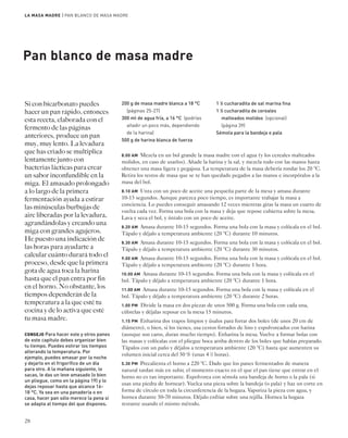 LA MASA MADRE | PAN BLANCO DE MASA MADRE 
Pan blanco de masa madre 
Si con bicarbonato puedes 
hacer un pan rápido, entonces 
esta receta, elaborada con el 
fermento de las páginas 
anteriores, produce un pan 
muy, muy lento. La levadura 
que has criado se multiplica 
lentamente junto con 
bacterias lácticas para crear 
un sabor inconfundible en la 
miga. El amasado prolongado 
a lo largo de la primera 
fermentación ayuda a estirar 
las minúsculas burbujas de 
aire liberadas por la levadura, 
agrandándolas y creando una 
miga con grandes agujeros. 
He puesto una indicación de 
las horas para ayudarte a 
calcular cuánto durará todo el 
proceso, desde que la primera 
gota de agua toca la harina 
hasta que el pan entra por fin 
en el horno. No obstante, los 
tiempos dependerán de la 
temperatura a la que esté tu 
cocina y de lo activa que esté 
tu masa madre. 
CONSEJO Para hacer este y otros panes 
de este capítulo debes organizar bien 
tu tiempo. Puedes estirar los tiempos 
alterando la temperatura. Por 
ejemplo, puedes amasar por la noche 
y dejarlo en el frigorífico de un día 
para otro. A la mañana siguiente, lo 
sacas, le das un leve amasado (o bien 
un pliegue, como en la página 19) y lo 
dejas reposar hasta que alcance 16- 
18 °C. Ya sea en una panadería o en 
casa, hacer pan sólo merece la pena si 
se adapta al tiempo del que dispones. 
28 
200 g de masa madre blanca a 18 °C 
(páginas 25-27) 
300 ml de agua fría, a 16 °C (podrías 
añadir un poco más, dependiendo 
de la harina) 
500 g de harina blanca de fuerza 
1 1⁄2 cucharadita de sal marina fina 
1 1⁄2 cucharadita de cereales 
malteados molidos (opcional) 
(página 39) 
Sémola para la bandeja o pala 
8.00 AM Mezcla en un bol grande la masa madre con el agua (y los cereales malteados 
molidos, en caso de usarlos). Añade la harina y la sal, y mezcla todo con las manos hasta 
obtener una masa ligera y pegajosa. La temperatura de la masa debería rondar los 20 °C. 
Retira los restos de masa que se te han quedado pegados a las manos e incorpóralos a la 
masa del bol. 
8.10 AM Unta con un poco de aceite una pequeña parte de la mesa y amasa durante 
10-15 segundos. Aunque parezca poco tiempo, es importante trabajar la masa a 
conciencia. Lo puedes conseguir amasando 12 veces mientras giras la masa un cuarto de 
vuelta cada vez. Forma una bola con la masa y deja que repose cubierta sobre la mesa. 
Lava y seca el bol, y úntalo con un poco de aceite. 
8.20 AM Amasa durante 10-15 segundos. Forma una bola con la masa y colócala en el bol. 
Tápalo y déjalo a temperatura ambiente (20 °C) durante 10 minutos. 
8.30 AM Amasa durante 10-15 segundos. Forma una bola con la masa y colócala en el bol. 
Tápalo y déjalo a temperatura ambiente (20 °C) durante 30 minutos. 
9.00 AM Amasa durante 10-15 segundos. Forma una bola con la masa y colócala en el bol. 
Tápalo y déjalo a temperatura ambiente (20 °C) durante 1 hora. 
10.00 AM Amasa durante 10-15 segundos. Forma una bola con la masa y colócala en el 
bol. Tápalo y déjalo a temperatura ambiente (20 °C) durante 1 hora. 
11.00 AM Amasa durante 10-15 segundos. Forma una bola con la masa y colócala en el 
bol. Tápalo y déjalo a temperatura ambiente (20 °C) durante 2 horas. 
1.00 PM Divide la masa en dos piezas de unos 500 g. Forma una bola con cada una, 
cúbrelas y déjalas reposar en la mesa 15 minutos. 
1.15 PM Enharina dos trapos limpios y úsalos para forrar dos boles (de unos 20 cm de 
diámetro), o bien, si los tienes, usa cestos forrados de lino y espolvoreados con harina 
(aunque son caros, duran mucho tiempo). Enharina la mesa. Vuelve a formar bolas con 
las masas y colócalas con el pliegue boca arriba dentro de los boles que habías preparado. 
Tápalos con un paño y déjalos a temperatura ambiente (20 °C) hasta que aumenten su 
volumen inicial cerca del 50 % (unas 4 1⁄2 horas). 
5.30 PM Precalienta el horno a 220 °C. Dado que los panes fermentados de manera 
natural tardan más en subir, el momento exacto en el que el pan tiene que entrar en el 
horno no es tan importante. Espolvorea con sémola una bandeja de horno o la pala (si 
usas una piedra de hornear). Vuelca una pieza sobre la bandeja (o pala) y haz un corte en 
forma de círculo en toda la circunferencia de la hogaza. Vaporiza la pieza con agua, y 
hornea durante 50-70 minutos. Déjalo enfriar sobre una rejilla. Hornea la hogaza 
restante usando el mismo método. 
 
