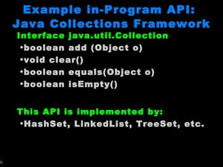 Example in-Program API:  Java Collections Framework Interface java.util.Collection boolean add (Object o) void clear() boolean equals(Object o) boolean isEmpty() This API is implemented by: HashSet, LinkedList, TreeSet, etc. 