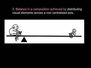 2. Balance in a composition achieved by distributing
visual elements across a non centralized axis.

 