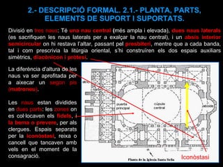 2.- DESCRIPCIÓ FORMAL. 2.1.- PLANTA, PARTS, ELEMENTS DE SUPORT I SUPORTATS. Divisió en  tres naus :  Té  una nau central  ( més ampla i elevada),  dues naus laterals  (es sacrifiquen les naus laterals per a exalçar la nau central) , i un  absis interior semicircular   on hi restava l’altar, passant pel  presbiteri , mentre que a cada banda, tal i com prescrivia la litúrgia oriental, s’hi construïren els dos espais auxiliars simètrics,  diacònicon i pròtesi . La diferència d'altura de les naus va ser aprofitada per a aixecar un  segon pis ( matroneu ) .  Les  naus  estan dividides en  dues parts : les  zones  on es col·locaven els  fidels , i  la bema o prevere , per als clergues. Espais separats per la  iconòstasi , reixa o cancell que tancaven amb vels en el moment de la consagració.  Iconòstasi 