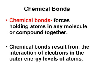 Chemical Bonds Chemical bonds-  forces holding atoms in any molecule or compound together.  Chemical bonds result from the interaction of electrons in the outer energy levels of atoms. 
