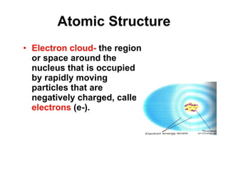 Atomic Structure Electron cloud-  the region or space around the nucleus that is occupied by rapidly moving particles that are negatively charged, called  electrons  (e-). 