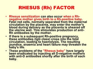 RHESUS (Rh) FACTOR Rhesus sensitization  can also occur  when a Rh-negative mother gives birth to a Rh-positive baby . Fetal red cells, normally separated from the maternal circulation by the placenta, may enter the mother's blood during delivery as the placenta is sheared off the uterine wall. This stimulates production of anti-Rh antibodies by the mother. If there is a subsequent Rh-positive pregnancy, these antibodies (IgG class) cross into the fetal circulation, leading to haemolysis. The resulting jaundice, anaemia and heart failure may threaten the baby's life. These problems of the  ”Rhesus baby”  have largely been eradicated by injecting all D-negative mothers with anti-D antibodies shortly after the birth of each baby.  