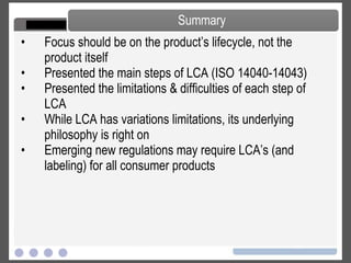 Identify areas & opportunities for improvement Evaluate progress versus original goal definition Target lifecycle areas/processes/events with large impacts Large amounts w/ low hazard Small amounts w/ high hazard Ask yourself:  What are the resources required and risks involved? Step 4 – Improvement Analysis 