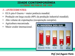 1 - ANTECEDENTES: EUA pós-I Guerra = maior potência mundial. Produção em larga escala (40% da produção industrial mundial). Alto volume de exportações (recuperação européia). Agricultura mecanizada. Maior credor internacional. 