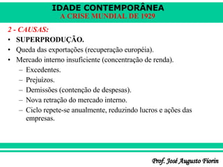 2 - CAUSAS: SUPERPRODUÇÃO. Queda das exportações (recuperação européia). Mercado interno insuficiente (concentração de renda). Excedentes. Prejuízos. Demissões (contenção de despesas). Nova retração do mercado interno. Ciclo repete-se anualmente, reduzindo lucros e ações das empresas. 