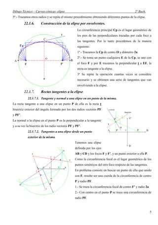 Dibujo Técnico – Curvas cónicas- elipse                                                            2º Bach.
5º.- Trazamos otros radios y se repite el mismo procedimiento obteniendo diferentes puntos de la elipse.

         22.1.6.      Construcción de la elipse por envolventes.
                                                    La circunferencia principal Cp es el lugar geométrico de
                                                    los pies de las perpendiculares trazadas por cada foco a
                                                    las tangentes. Por lo tanto procedemos de la manera
                                                    siguiente:
                                                    1º.- Trazamos la Cp de centro O y diámetro 2a.
                                                    2º.- Se toma un punto cualquiera E de la Cp, se une con
                                                    el foco F y por E trazamos la perpendicular t a EF, la
                                                    recta es tangente a la elipse.
                                                    3º Se repite la operación cuantas veces se considere
                                                    necesario y se obtienen una serie de tangentes que van
                                                    envolviendo a la elipse.

         22.1.7.      Rectas tangentes a la elipse.
            22.1.7.1. Tangente y normal a una elipse en un punto de la misma.
La recta tangente a una elipse en un punto P de ella es la recta t
bisectriz exterior del ángulo formado por los dos radios vectores PF
y PF’.
La normal a la elipse en el punto P es la perpendicular a la tangente
y a su vez la bisectriz de los radio vectores PF y PF’.
            22.1.7.2. Tangentes a una elipse desde un punto
            exterior de la misma.
                                                  Tenemos una elipse
                                                  definida por los ejes
                                                  AB y CD y los focos F y F’, y un punto exterior a ella P.
                                                  Como la circunferencia focal es el lugar geométrico de los
                                                  puntos simétricos del otro foco respecto de las tangentes.
                                                  En problema consiste en buscar un punto de ella que unido
                                                  con F, resulte ser una cuerda de la circunferencia de centro
                                                  P y radio PF.
                                                  1.- Se traza la circunferencia focal de centro F’ y radio 2a.
                                                  2.- Con centro en el punto P se traza una circunferencia de
                                                  radio PF.



                                                                                                                  5
 