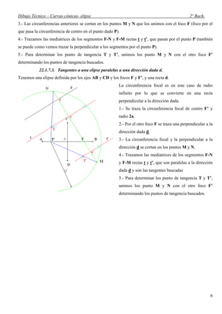 Dibujo Técnico – Curvas cónicas- elipse                                                         2º Bach.
3.- Las circunferencias anteriores se cortan en los puntos M y N que los unimos con el foco F (foco por el
que pasa la circunferencia de centro en el punto dado P).
4.- Trazamos las mediatrices de los segmentos F-N y F-M rectas t y t’, que pasan por el punto P (también
se puede como vemos trazar la perpendicular a los segmentos por el punto P).
5.- Para determinar los punto de tangencia T y T’, unimos los punto M y N con el otro foco F’
determinando los puntos de tangencia buscados.
           22.1.7.3. Tangentes a una elipse paralelas a una dirección dada d.
Tenemos una elipse definida por los ejes AB y CD y los focos F y F’, y una recta d.
                                                        La circunferencia focal es en este caso de radio
                                                        infinito por lo que se convierte en una recta
                                                        perpendicular a la dirección dada.
                                                        1.- Se traza la circunferencia focal de centro F’ y
                                                        radio 2a.
                                                        2.- Por el otro foco F se traza una perpendicular a la
                                                        dirección dada d.
                                                        3.- La circunferencia focal y la perpendicular a la
                                                        dirección d se cortan en los puntos M y N.
                                                        4.- Trazamos las mediatrices de los segmentos F-N
                                                        y F-M rectas t y t’, que son paralelas a la dirección
                                                        dada d y son las tangentes buscadas
                                                        5.- Para determinar los punto de tangencia T y T’,
                                                        unimos los punto M y N con el otro foco F’
                                                        determinando los puntos de tangencia buscados.




                                                                                                            6
 