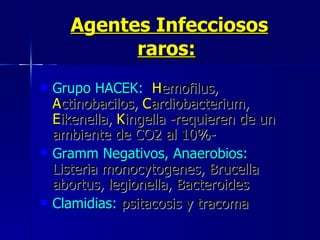 Agentes Infecciosos raros:   Grupo HACEK:   H emofilus,  A ctinobacilos,  C ardiobacterium,  E ikenella,  K ingella -requieren de un ambiente de CO2 al 10%-  Gramm Negativos, Anaerobios:   Listeria monocytogenes, Brucella abortus, legionella, Bacteroides  Clamidias:  psitacosis y tracoma 