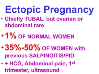 Ectopic Pregnancy 
• Chiefly TUBAL, but ovarian or 
abdominal rare 
•1% OF NORMAL WOMEN 
•35%-50% OF WOMEN with 
previous SALPINGITIS/PID 
• + HCG, Abdominal pain, 1st 
trimester, ultrasound 
 