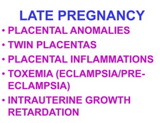 LATE PREGNANCY 
• PLACENTAL ANOMALIES 
• TWIN PLACENTAS 
• PLACENTAL INFLAMMATIONS 
• TOXEMIA (ECLAMPSIA/PRE-ECLAMPSIA) 
• INTRAUTERINE GROWTH 
RETARDATION 
 