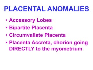PLACENTAL ANOMALIES 
• Accessory Lobes 
• Bipartite Placenta 
• Circumvallate Placenta 
• Placenta Accreta, chorion going 
DIRECTLY to the myometrium 
 