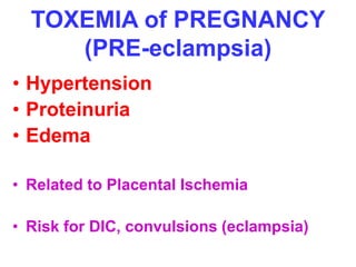 TOXEMIA of PREGNANCY 
(PRE-eclampsia) 
• Hypertension 
• Proteinuria 
• Edema 
• Related to Placental Ischemia 
• Risk for DIC, convulsions (eclampsia) 
 