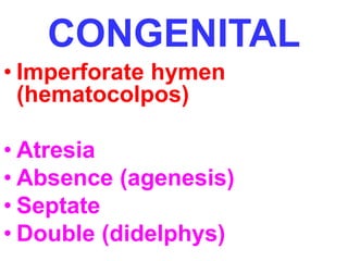 CONGENITAL 
• Imperforate hymen 
(hematocolpos) 
• Atresia 
• Absence (agenesis) 
• Septate 
• Double (didelphys) 
 