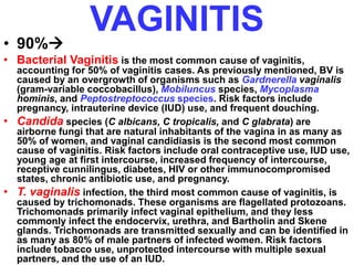 VAGINITIS 
• 90% 
• Bacterial Vaginitis is the most common cause of vaginitis, 
accounting for 50% of vaginitis cases. As previously mentioned, BV is 
caused by an overgrowth of organisms such as Gardnerella vaginalis 
(gram-variable coccobacillus), Mobiluncus species, Mycoplasma 
hominis, and Peptostreptococcus species. Risk factors include 
pregnancy, intrauterine device (IUD) use, and frequent douching. 
• Candida species (C albicans, C tropicalis, and C glabrata) are 
airborne fungi that are natural inhabitants of the vagina in as many as 
50% of women, and vaginal candidiasis is the second most common 
cause of vaginitis. Risk factors include oral contraceptive use, IUD use, 
young age at first intercourse, increased frequency of intercourse, 
receptive cunnilingus, diabetes, HIV or other immunocompromised 
states, chronic antibiotic use, and pregnancy. 
• T. vaginalis infection, the third most common cause of vaginitis, is 
caused by trichomonads. These organisms are flagellated protozoans. 
Trichomonads primarily infect vaginal epithelium, and they less 
commonly infect the endocervix, urethra, and Bartholin and Skene 
glands. Trichomonads are transmitted sexually and can be identified in 
as many as 80% of male partners of infected women. Risk factors 
include tobacco use, unprotected intercourse with multiple sexual 
partners, and the use of an IUD. 
 