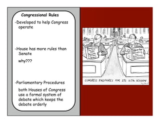Congressional Rules
-Developed to help Congress
  operate




-House has more rules than
  Senate
 why???




-Parliamentary Procedures
 both Houses of Congress
 use a formal system of
 debate which keeps the
 debate orderly
 