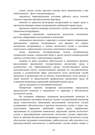 167
планы, эскизы, схемы, протокол осмотра места происшествия, а при
необходимости – фото- и видеоматериалы;
документы, характеризующие состояние рабочего места, наличие
опасных и вредных производственных факторов;
выписки из журналов регистрации инструктажей по охране труда и
протоколов проверки знания пострадавшими требований охраны труда;
протоколы опросов очевидцев несчастного случая и должностных лиц,
объяснения пострадавших;
экспертные заключения специалистов, результаты технических
расчетов, лабораторных исследований и испытаний;
медицинское заключение о характере и степени тяжести повреждения,
причиненного здоровью пострадавшего, или причине его смерти,
нахождении пострадавшего в момент несчастного случая в состоянии
алкогольного, наркотического или иного токсического опьянения;
копии документов, подтверждающих выдачу пострадавшему
специальной одежды, специальной обуви и других средств индивидуальной
защиты в соответствии с действующими нормами;
выписки из ранее выданных работодателю и касающихся предмета
расследования предписаний государственных инспекторов труда и
должностных лиц территориального органа соответствующего органа
исполнительной власти, осуществляющего функции по государственному
надзору в установленной сфере деятельности (если несчастный случай
произошел в организации или на объекте, подконтрольных этому органу), а
также выписки из представлений профсоюзных инспекторов труда об
устранении выявленных нарушений требований охраны труда;
другие документы по усмотрению комиссии.
Конкретный перечень материалов расследования определяется
председателем комиссии в зависимости от характера и обстоятельств
несчастного случая.
На основании собранных материалов расследования комиссия (в
предусмотренных настоящим Кодексом случаях государственный инспектор
труда, самостоятельно проводящий расследование несчастного случая)
устанавливает обстоятельства и причины несчастного случая, а также лиц,
допустивших нарушения требований охраны труда, вырабатывает
предложения по устранению выявленных нарушений, причин несчастного
случая и предупреждению аналогичных несчастных случаев, определяет,
были ли действия (бездействие) пострадавшего в момент несчастного случая
обусловлены трудовыми отношениями с работодателем либо участием в его
производственной деятельности, в необходимых случаях решает вопрос о
 