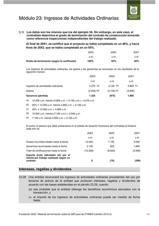 Módulo 23: Ingresos de Actividades Ordinarias

Ej 55 Los datos son los mismos que los del ejemplo 54. Sin embargo, en este caso, el
      contratista determina el grado de terminación del contrato de construcción tomando
      como referencia inspecciones independientes del trabajo realizado.
      Al final de 20X1, se certificó que el proyecto se había completado en un 40%, y hacia
      fines de 20X2, que se había completado en un 65%.
                                                                 20X3                   20X2                  20X1
                                                                  u.m.                   u.m.                    u.m.
      Grado de terminación (según lo certificado)                100%                   65%                      40%


      Los ingresos de actividades ordinarias, los gastos y las ganancias se reconocen en los resultados de la
      siguiente manera:
                                                                   20X3               20X2               20X1

                                                                    u.m.               u.m.               u.m.

      Ingresos de actividades ordinarias                           4.270 (a)          3.130 (b)         4.800 (c)

      Gastos                                                      (2.945) (d)        (4.105) (e)       (3.000)

      Ganancia (pérdida)                                           1.325               (975)            1.800
      (a)   12.200 u.m. menos (4.800 u.m. + 3.130 u.m.) = 4.270 u.m.
      (b)   65% × 12.200 u.m. menos 4.800 u.m. = 3.130 u.m.
      (c)   40% × 12.000 u.m. = 4.800 u.m.
      (d)   10.050 u.m. menos (7.105 u.m.) = 2.945 u.m.
      (e)   7.105 u.m. menos 3.000 u.m. = 4.105 u.m.


      El activo (o pasivo) que debe presentarse en el estado de situación financiera del contratista al finalizar
      cada año es:
                                                                 20X3                 20X2                       20X1
                                                                  u.m.                 u.m.                       u.m.
      Costos incurridos totales hasta la fecha                 10.050                7.105                       3.000
      Ganancias acumuladas hasta la fecha                       2.150                  825                       1.800
      Total de certificaciones hasta la fecha                 (12.200)               (8.000)                 (5.000)
      Importe bruto adeudado (al) por el
      cliente por trabajo realizado según un
      contrato                                                       0                 (70)                      (200)


Intereses, regalías y dividendos

23.28 Una entidad reconocerá los ingresos de actividades ordinarias procedentes del uso por
      terceros de activos de la entidad que producen intereses, regalías y dividendos de
      acuerdo con las bases establecidas en el párrafo 23.29, cuando:
        (a) sea probable que la entidad obtenga los beneficios económicos asociados con la
            transacción, y
        (b) el importe de los ingresos de actividades ordinarias pueda ser medido de forma
             fiable.



Fundación IASC: Material de formación sobre la NIIF para las PYMES (versión 2010-2)                                      44
 