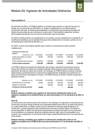 Módulo 23: Ingresos de Actividades Ordinarias


Caso práctico 2


En diciembre de 20X1, la PYME B celebró un contrato para construir un yate de lujo para un
cliente, por un precio fijo de 2.000.000 u.m. Según lo establecido en el contrato para la
construcción del yate, el cliente puede establecer los elementos estructurales principales del
diseño del yate antes de que comience la construcción. Podrá también especificar cambios
estructurales importantes una vez que la construcción haya comenzado.

En 20X3 el cliente solicitó una modificación en el contrato, que fue aceptada por la entidad B. La
modificación establece que la entidad B incluya otras instalaciones en el yate a cambio de una
contraprestación adicional de 500.000 u.m.

En 20X4, el precio del material utilizado para construir y acondicionar el yate aumentó
notablemente.

 Información sobre los
 costos:
                (montos en u.m.)    31/12/20X1     31/12/20X2     31/12/20X3     31/12/20X4     31/12/20X5
 Costos acumulados incurridos           50.000        250.000      1.000.000      1.900.000      2.550.000
 hasta la fecha
 Costos esperados para terminar      1.450.000      1.350.000      1.200.000          700.000           –
 Costos totales esperados            1.500.000      1.600.000      2.200.000      2.600.000      2.550.000

La PYME B determina el grado de realización del contrato, calculando la proporción que los
costos del contrato incurridos por el trabajo realizado hasta la fecha suponen sobre la última
estimación del total de costos del contrato. Sin embargo, la PYME B factura al cliente importes
determinados periódicamente por inspecciones independientes realizadas para determinar el
grado de terminación del trabajo en el yate. La PYME B facturó al cliente y recibió el pago de la
siguiente manera:

                (montos en u.m.)    31/12/20X1     31/12/20X2     31/12/20X3     31/12/20X4     31/12/20X5
 Certificaciones en el periodo          55.000        245.000        955.000          945.000     300.000
 Pagado en el periodo                        –        300.000        955.000          545.000     700.000
 Pendiente al final del periodo         55.000               –              –         400.000           –

Parte A
Elabore asientos contables para registrar la información establecida arriba en los
registros contables de la entidad B para los años terminados el 31 de diciembre de 20X1 al
20X5.

Parte B
Los hechos son los mismos que los de la parte A. Sin embargo, en esta parte, el acuerdo para la
construcción del yate otorga al cliente una capacidad limitada para influir en el diseño del yate (p.
ej.: puede seleccionar un diseño a partir de una variedad de opciones especificadas por el
constructor, y puede especificar sólo modificaciones menores al diseño básico. El cliente no
puede especificar ni alterar los elementos estructurales principales del yate). En la jurisdicción,
no se transfieren al comprador derechos implícitos sobre el yate, salvo lo contemplado en el
acuerdo. Por consiguiente, la construcción tiene lugar independientemente de si los acuerdos de
venta existen.

Elabore asientos contables para registrar la información establecida arriba en los
registros contables de la PYME B para los años terminados el 31 de diciembre de 20X1 al
20X5.

Fundación IASC: Material de formación sobre la NIIF para las PYMES (versión 2010-2)                          72
 