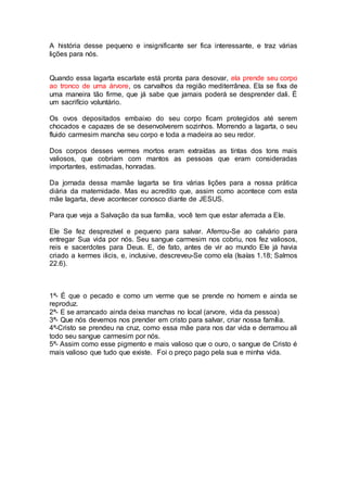 A história desse pequeno e insignificante ser fica interessante, e traz várias
lições para nós.
Quando essa lagarta escarlate está pronta para desovar, ela prende seu corpo
ao tronco de uma árvore, os carvalhos da região mediterrânea. Ela se fixa de
uma maneira tão firme, que já sabe que jamais poderá se desprender dali. É
um sacrifício voluntário.
Os ovos depositados embaixo do seu corpo ficam protegidos até serem
chocados e capazes de se desenvolverem sozinhos. Morrendo a lagarta, o seu
fluido carmesim mancha seu corpo e toda a madeira ao seu redor.
Dos corpos desses vermes mortos eram extraídas as tintas dos tons mais
valiosos, que cobriam com mantos as pessoas que eram consideradas
importantes, estimadas, honradas.
Da jornada dessa mamãe lagarta se tira várias lições para a nossa prática
diária da maternidade. Mas eu acredito que, assim como acontece com esta
mãe lagarta, deve acontecer conosco diante de JESUS.
Para que veja a Salvação da sua família, você tem que estar aferrada a Ele.
Ele Se fez desprezível e pequeno para salvar. Aferrou-Se ao calvário para
entregar Sua vida por nós. Seu sangue carmesim nos cobriu, nos fez valiosos,
reis e sacerdotes para Deus. E, de fato, antes de vir ao mundo Ele já havia
criado a kermes ilicis, e, inclusive, descreveu-Se como ela (Isaías 1.18; Salmos
22.6).
1ª- É que o pecado e como um verme que se prende no homem e ainda se
reproduz.
2ª- E se arrancado ainda deixa manchas no local (arvore, vida da pessoa)
3ª- Que nós devemos nos prender em cristo para salvar, criar nossa família.
4ª-Cristo se prendeu na cruz, como essa mãe para nos dar vida e derramou ali
todo seu sangue carmesim por nós.
5ª- Assim como esse pigmento e mais valioso que o ouro, o sangue de Cristo é
mais valioso que tudo que existe. Foi o preço pago pela sua e minha vida.
 