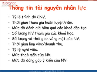 Th?ng tin ti nguyn nh?n l? c
?   T? l? trnh ?? CNV.
?   Th?i gian tham gia hu?n luy?n/n?m.
?   M?c ?? ?nh gi hi?u qu? cc kho ?o t?o
?   S? l??ng NV tham gia cc kho h?c.
?   S? l??ng v th?i gian v?ng m?t c?a NV.
?   Th?i gian lm vi?c/doanh thu.
?   T? l? ngh? vi?c.
?   M?c tho? m?n c?a NV.
?   M?c ?? ?ng gp ? ki?n c?a NV.
 