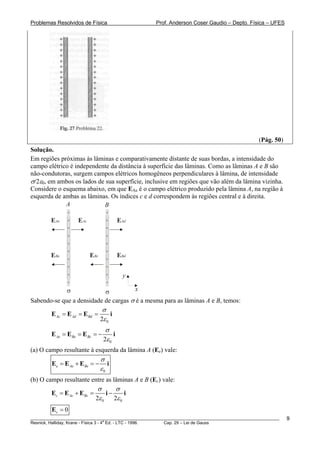 Problemas Resolvidos de Física Prof. Anderson Coser Gaudio – Depto. Física – UFES
(Pág. 50)
Solução.
Em regiões próximas às lâminas e comparativamente distante de suas bordas, a intensidade do
campo elétrico é independente da distância à superfície das lâminas. Como as lâminas A e B são
não-condutoras, surgem campos elétricos homogêneos perpendiculares à lâmina, de intensidade
σ/2ε0, em ambos os lados de sua superfície, inclusive em regiões que vão além da lâmina vizinha.
Considere o esquema abaixo, em que EAe é o campo elétrico produzido pela lâmina A, na região à
esquerda de ambas as lâminas. Os índices c e d correspondem às regiões central e à direita.
EAe
x
y
A B
σ σ
+
+
+
+
+
+
+
+
+
+
+
+
+
+
+
+
+
+
+
+
EAc EAd
EBe EBc EBd
Sabendo-se que a densidade de cargas σ é a mesma para as lâminas A e B, temos:
02
Ac Ad Bd
σ
ε
= = =E E E i
02
Ae Be Bc
σ
ε
= = = −E E E i
(a) O campo resultante à esquerda da lâmina A (Ee) vale:
0
e Ae Be
σ
ε
= + = −E E E i
(b) O campo resultante entre as lâminas A e B (Ec) vale:
0 02 2
c Ac Bc
σ σ
ε ε
= + = −E E E i i
________________________________________________________________________________________________________
Resnick, Halliday, Krane - Física 3 - 4
a
Ed. - LTC - 1996. Cap. 29 – Lei de Gauss
9
0c =E
 