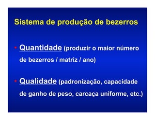 Sistema de produção de bezerros


• Quantidade (produzir o maior número
 de bezerros / matriz / ano)


• Qualidade (padronização, capacidade
 de ganho de peso, carcaça uniforme, etc.)
 